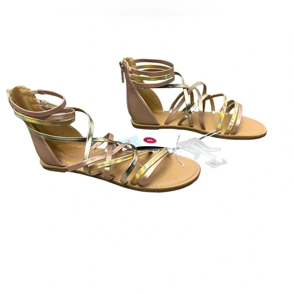 Cat & Jack Girls Metallic Rose Gold Dion Zipper Ankle Strap Sandals - Size 5